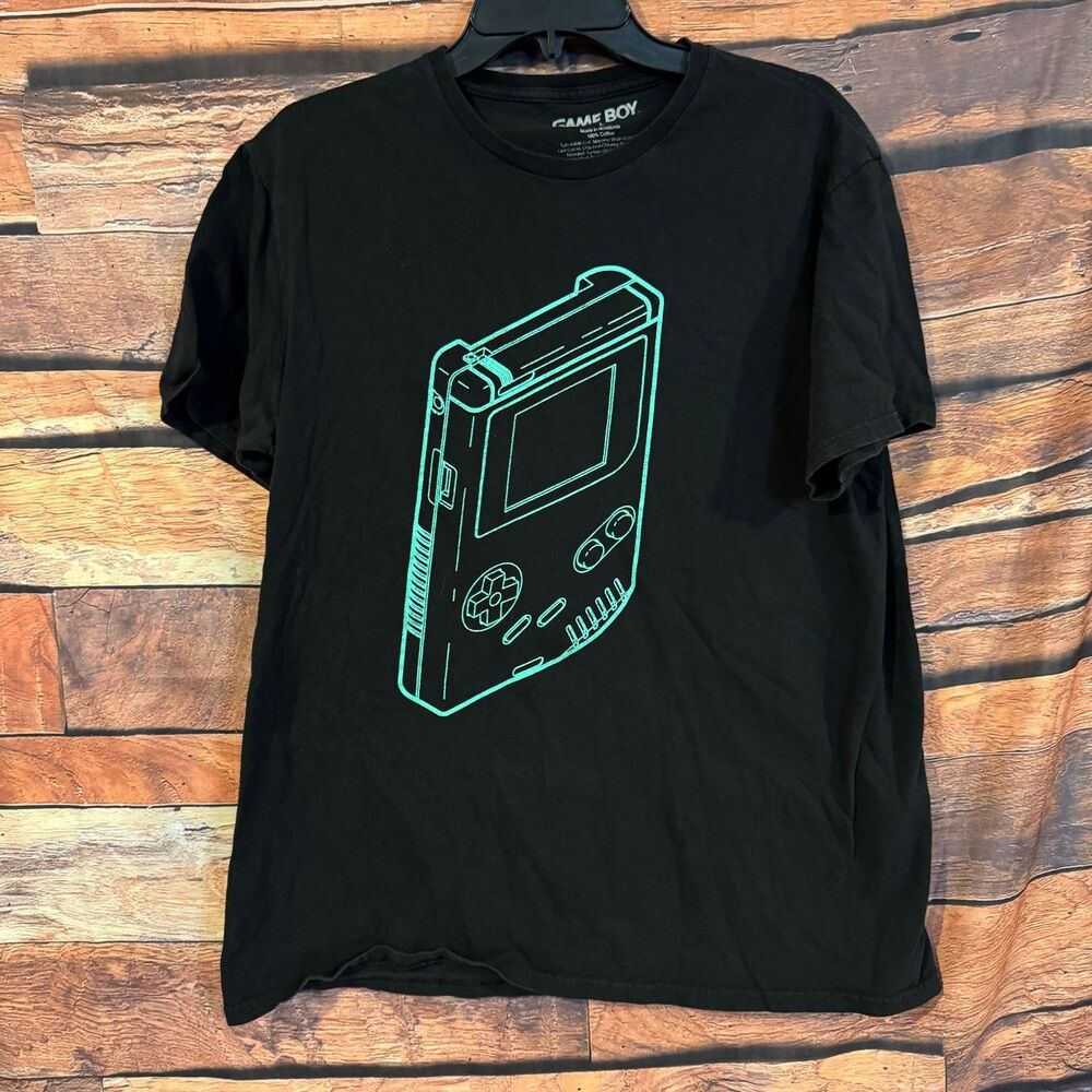 Nintendo Game Boy Shirt Mens Large L Black Short Sleeve Neon Teal Outline Retro